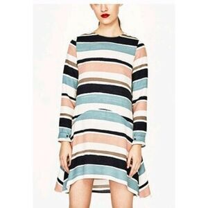 Zara Basic Striped A-Line Long Sleeve Keyhole Shift Dress S